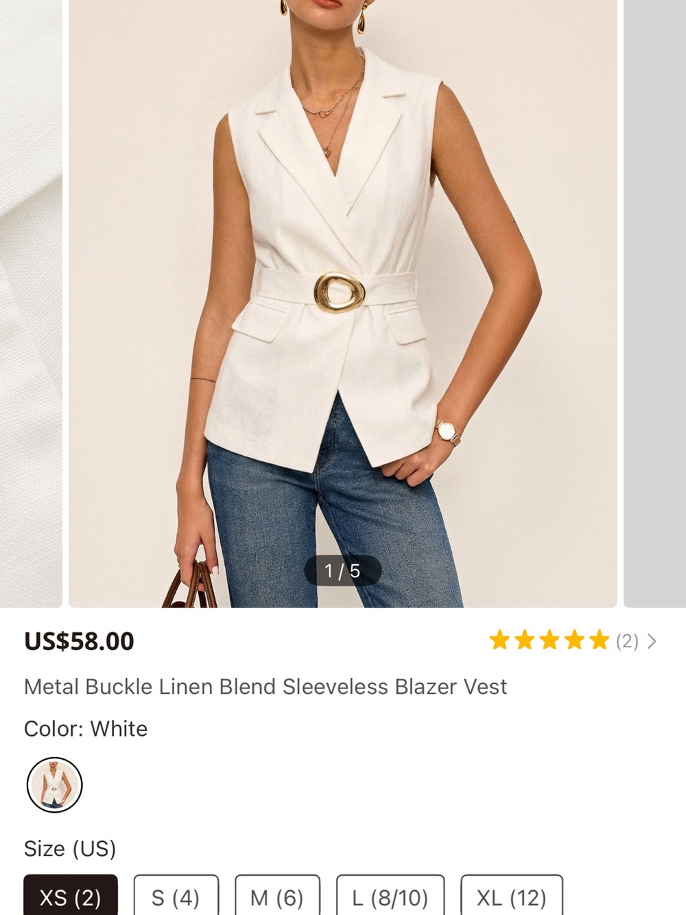 Sleeveless White Linen-Blend Blazer Vest with Gold Buckle